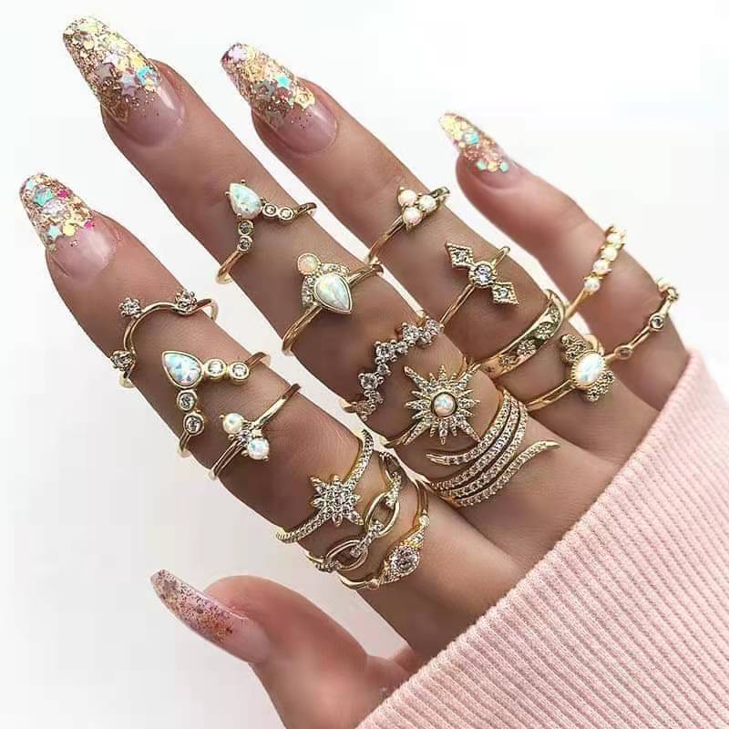 Star Moon & Leaf 10-Piece Ring Set