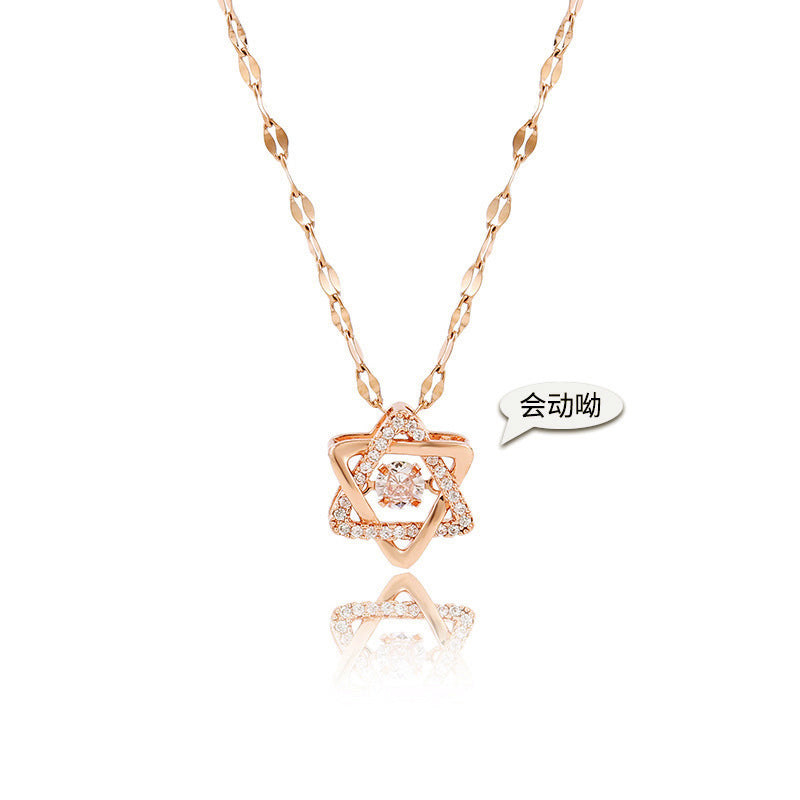 Korean 18K Rose Gold Hexagram Titanium Steel Necklace with Diamond Lock Pendant
