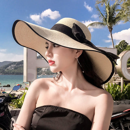 Beach Straw Hat Wide-Brim UV Protection Foldable with Bow