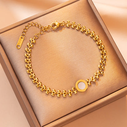 Pulseira vintage dourada estilo europeu, padrão de concha de coração de aço inoxidável, joias da moda que não desbotam 