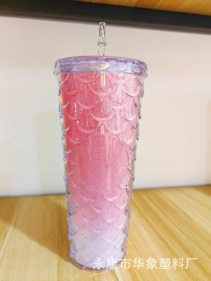 Fish scale cup double straw cup 700ml