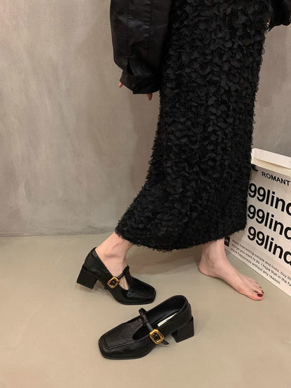 Casual one-word buckle thick-heeled small leather shoes