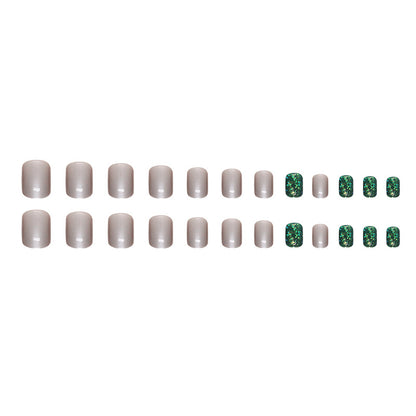 Uñas postizas cuadradas cortas con purpurina Aurora en color verde oscuro 