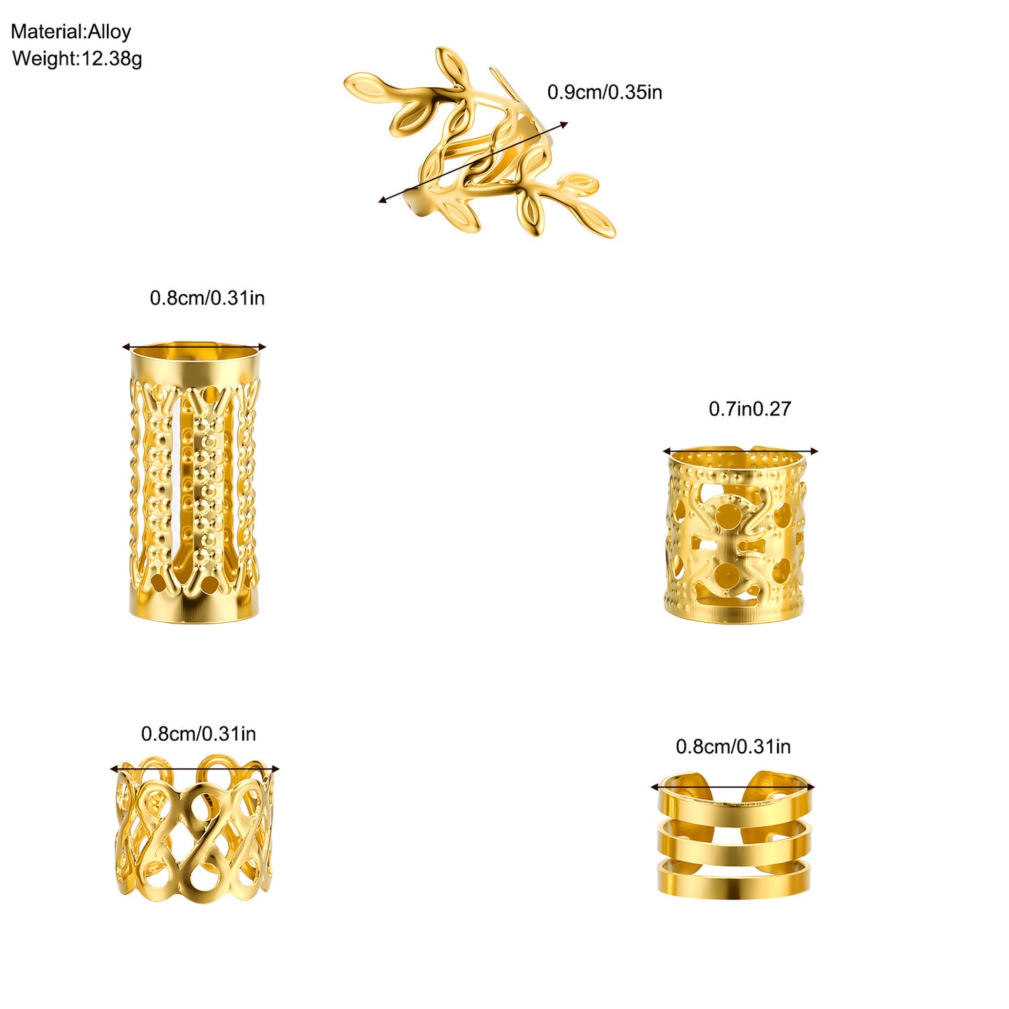 50Pcs Gold Hollow Heart Hair Rings