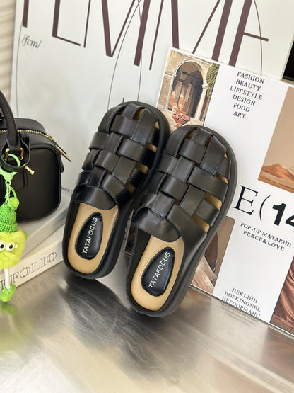 Soft leather half slippers women's new retro weaving
