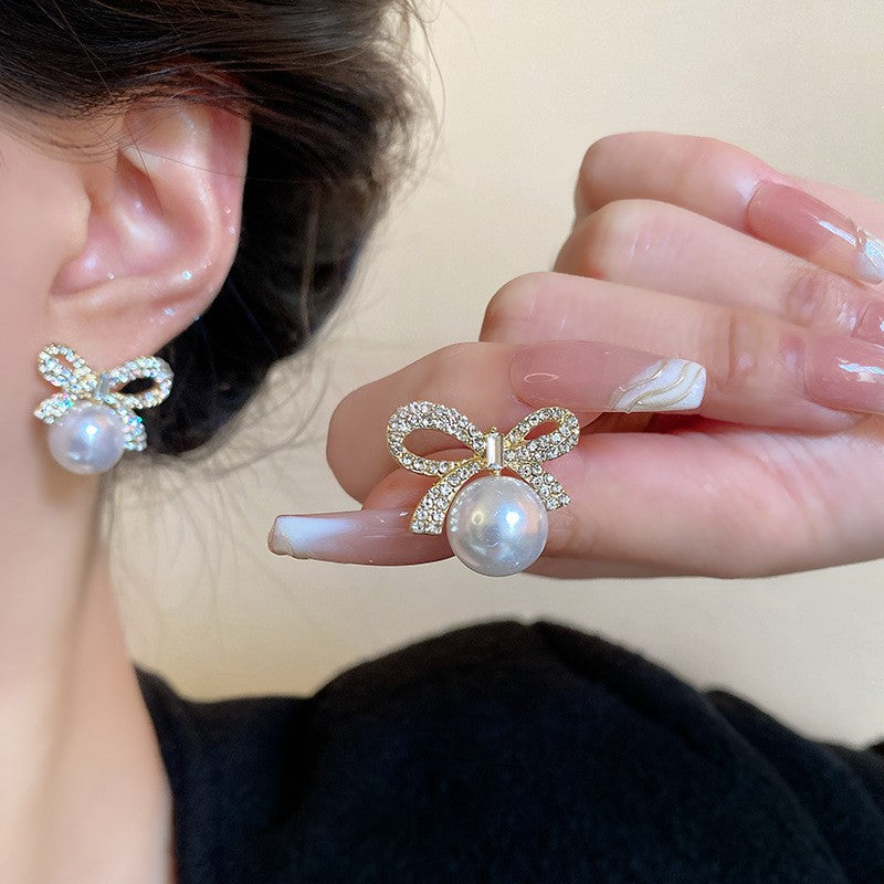 Full Diamond Bow Pearl Earrings
