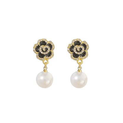 Black Rose Flower Pearl Earrings