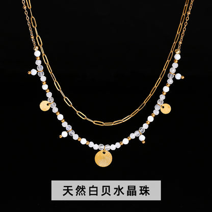 Cut natural stone stainless steel round card double-layer necklace