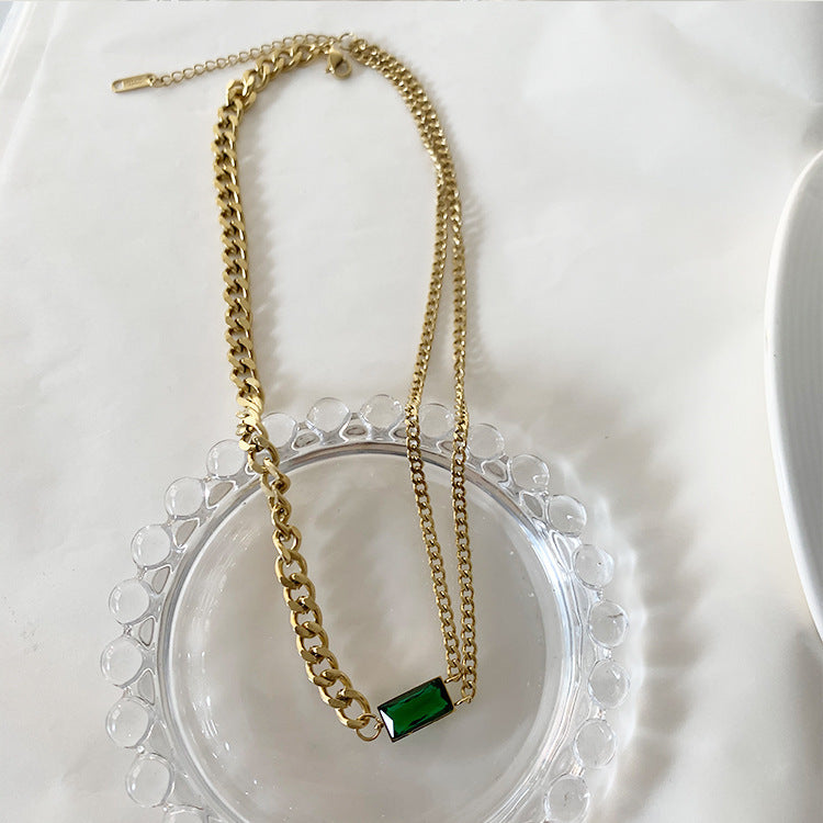 Women's Titanium-Steel Emerald Chain Necklace — French Retro Slim Style