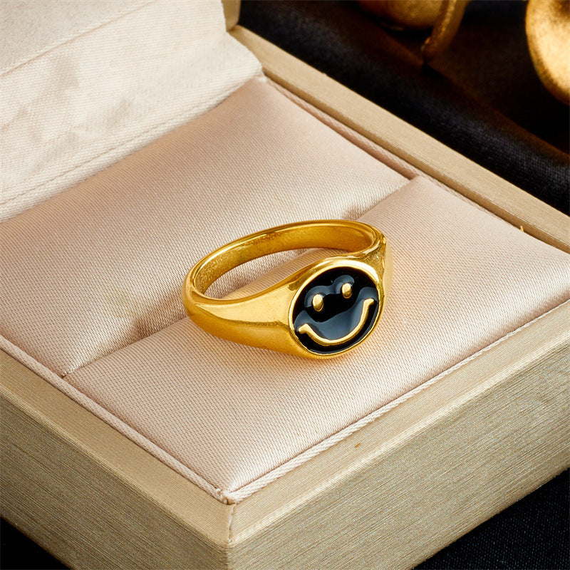 Gold Titanium-Steel Smiley Glaze Fashion Ring