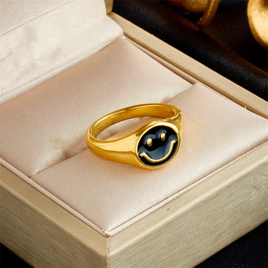 Gold Titanium-Steel Smiley Glaze Fashion Ring