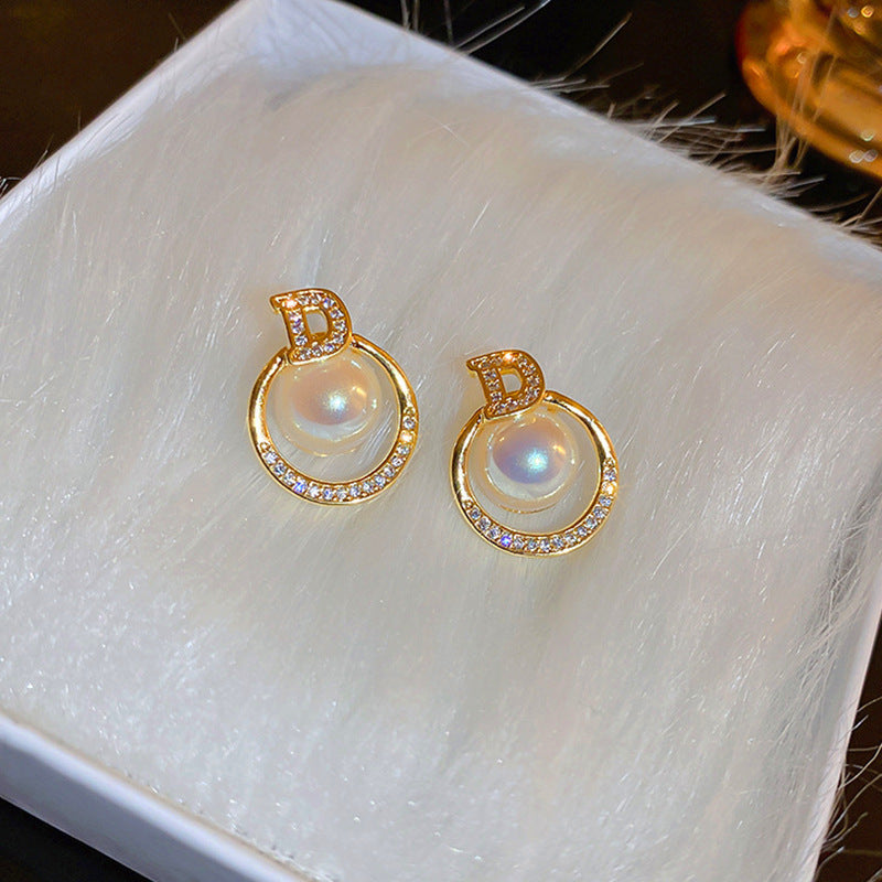 French-Style Pearl & Letter Diamond Stud Earrings