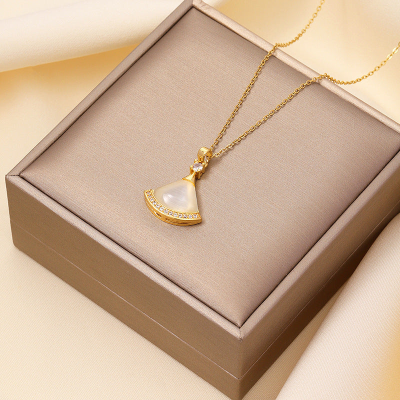 Fan-Shaped Opal Titanium Steel Collarbone Necklace with Copper Pendant