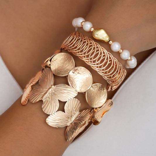 Metal Flower Pearl Bracelet Set