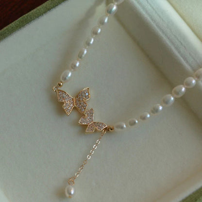 Butterfly zircon pearl necklace