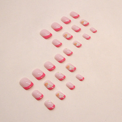 Sweet Pink French Floral Fake Nails