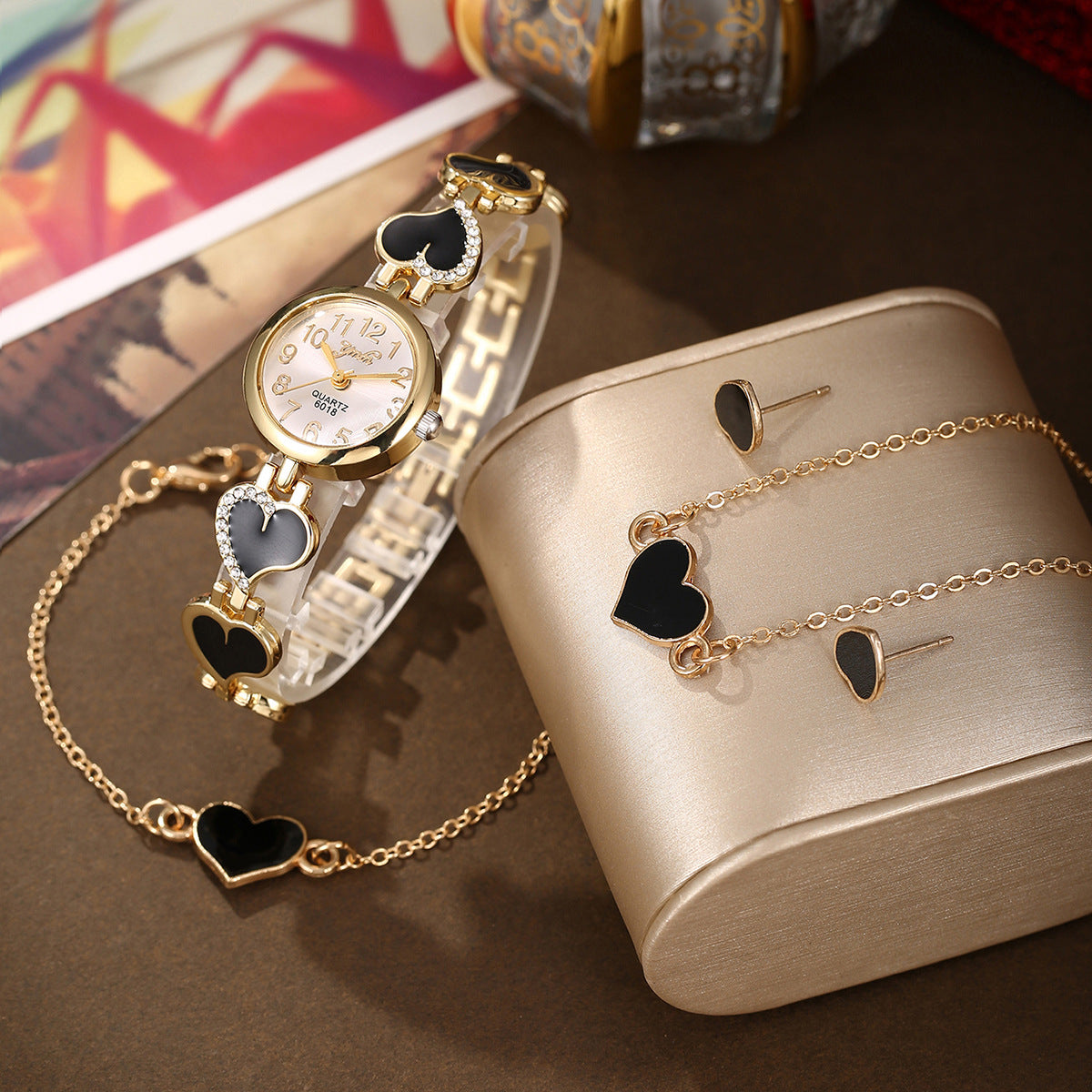 Diamond-encrusted love quartz watch jewelry set