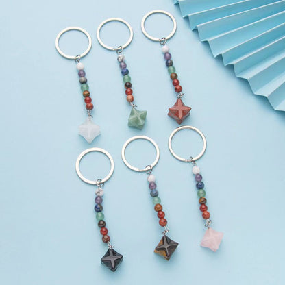 Colorful natural crystal Merkaba star pendant stainless steel keychain