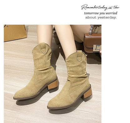 Cattle suede pointed short tube thick heel medium boots