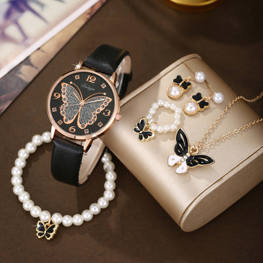Rose Gold Diamond Butterfly Watch Pearl Jewelry Set
