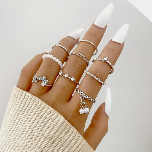 Butterfly & Pearl Ring Set (9-piece)