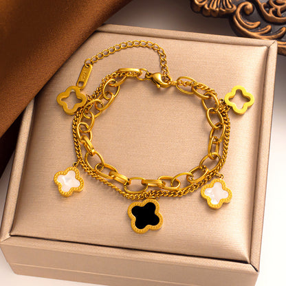 Pulsera de trébol de cuatro hojas de doble capa de acero de titanio: moderna y lujosa 