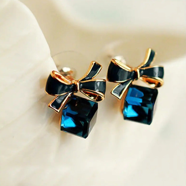 Crystal square cute bow stud earrings