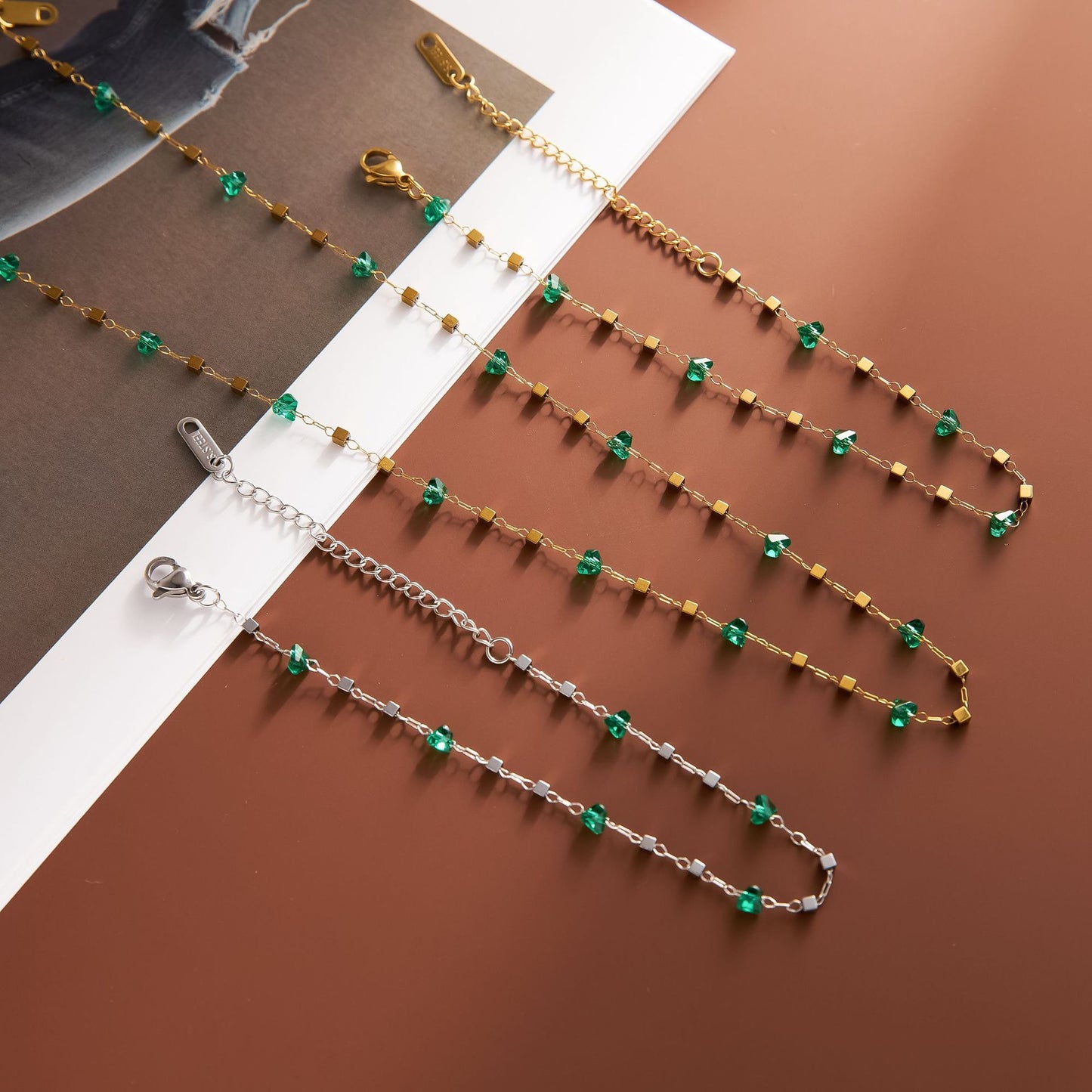 Green Square Zircon Pendant Necklace — Fresh, Versatile, Non-Fading