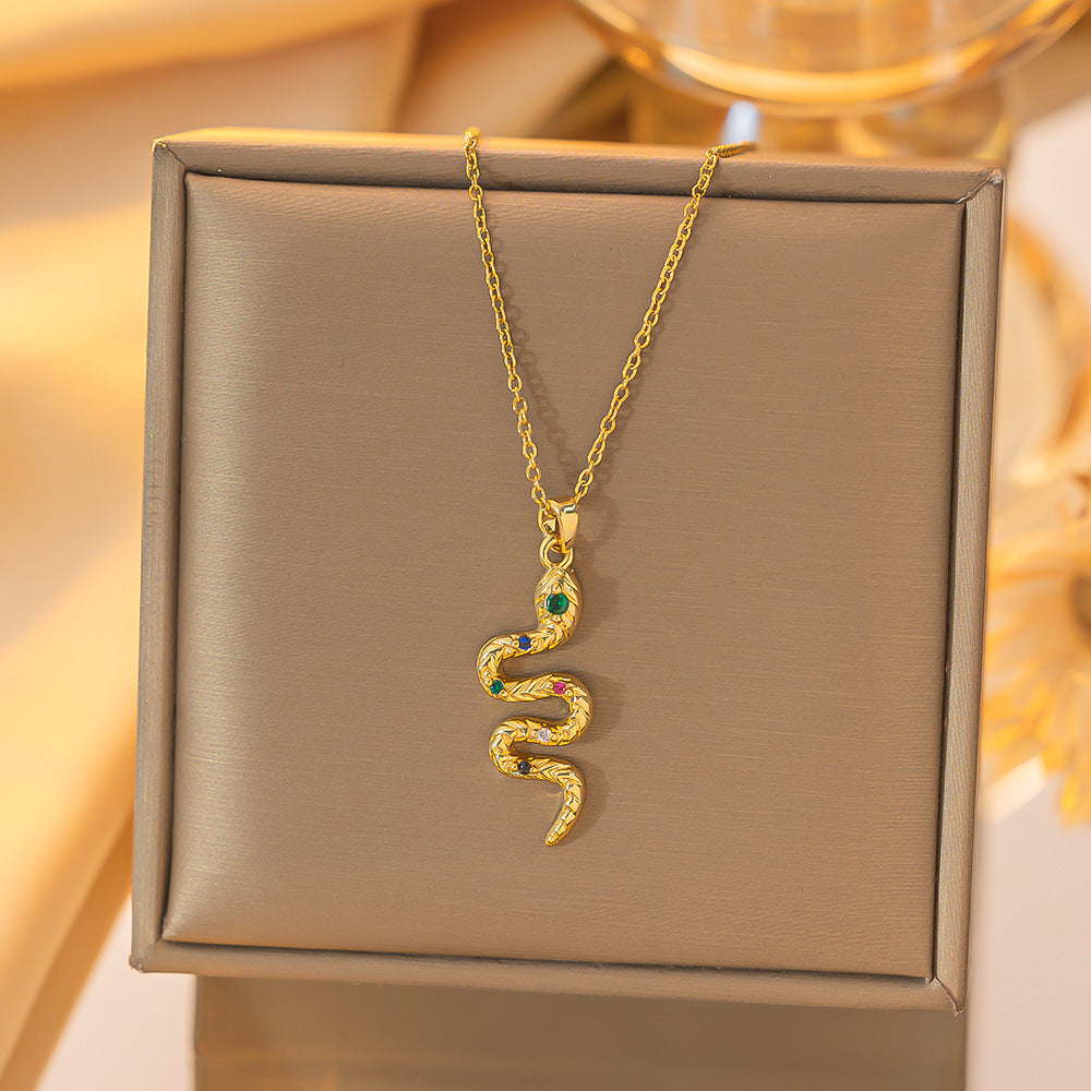 Women's Gold-Plated Snake Pendant Necklace with Colored Zircons