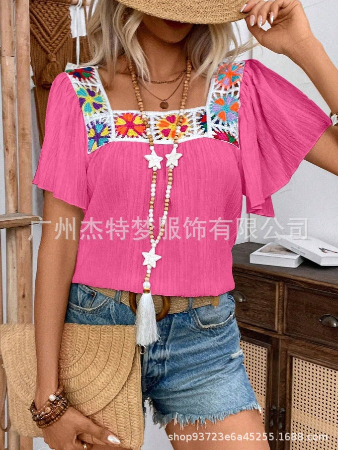 Square Neck Lace Short Sleeve Shirt