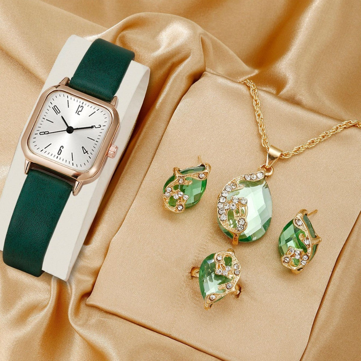 Square Watch Peacock Necklace Ring Earrings Set