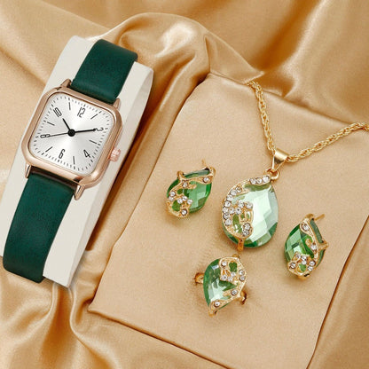 Square Watch Peacock Necklace Ring Earrings Set