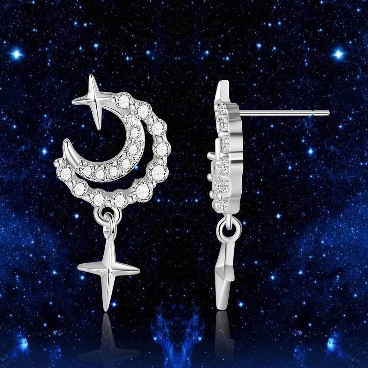 Copper inlaid 5A zircon moon falling galaxy stud earrings
