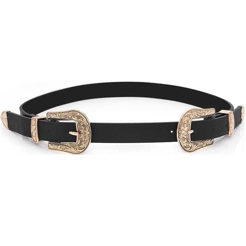 Double Buckle Leather Belt Women's Fine Belt