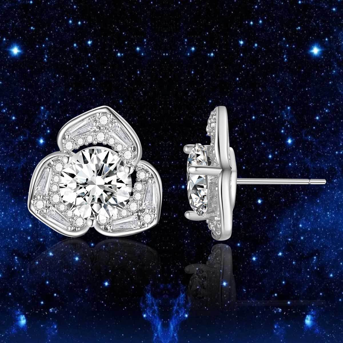 Copper inlaid 5A zircon camellia stud earrings