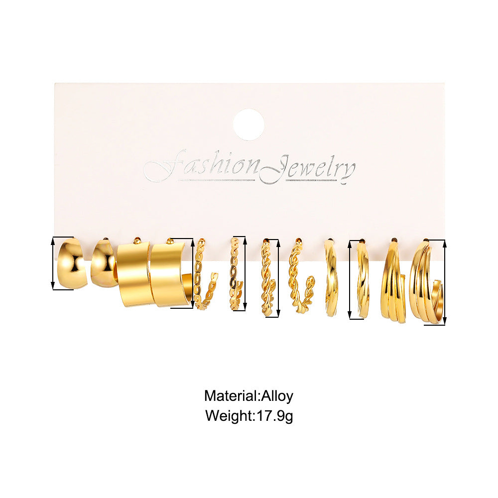 Gold C-Shape & Chain Earring Set (6-Piece)