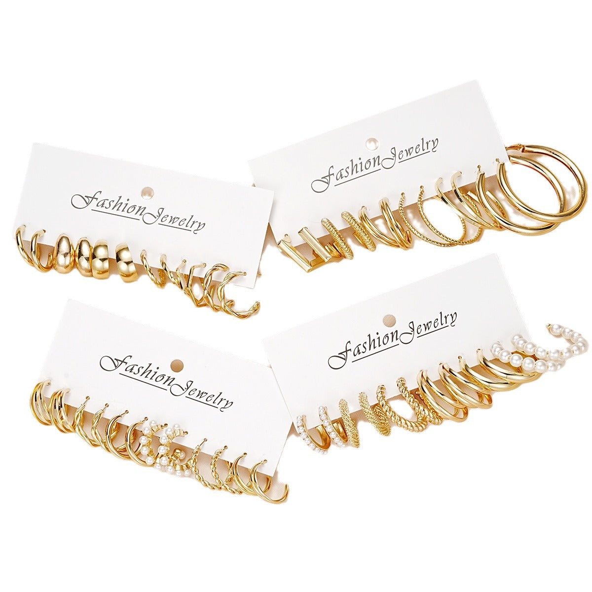 Geometric cube three-tube pearl twist earrings set