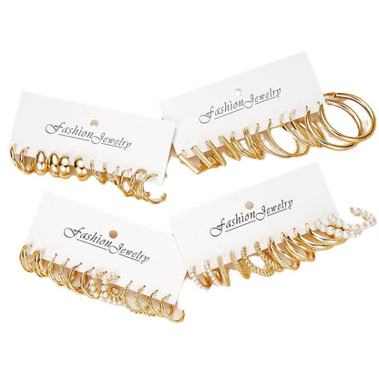 Geometric cube three-tube pearl twist earrings set