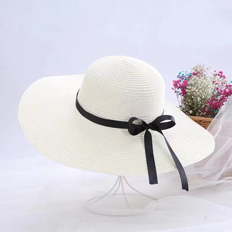 Beach Straw Hat Wide-Brim UV Protection Foldable with Bow