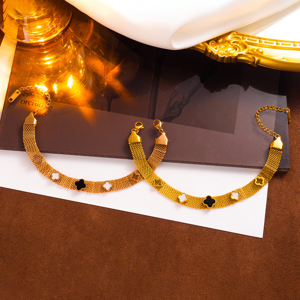 Fashion Stainless Steel Four-Leaf Clover Mesh Bracelet for Women - Durable and Color-Retaining