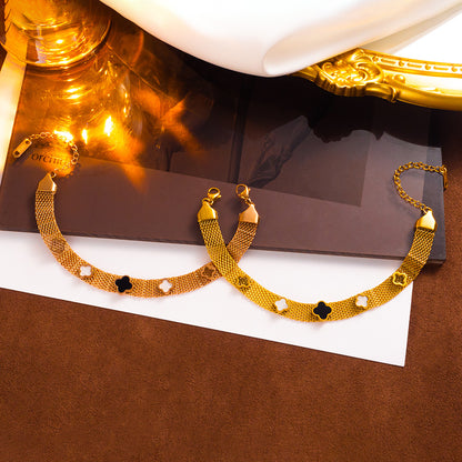 Fashion Stainless Steel Four-Leaf Clover Mesh Bracelet for Women - Durable and Color-Retaining