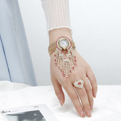 Diamond-encrusted digital women's bracelet watch love ring set