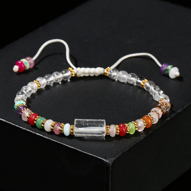 Pulsera tejida con cuentas redondas de cristal blanco y cuentas de ábaco de piedra de colores 