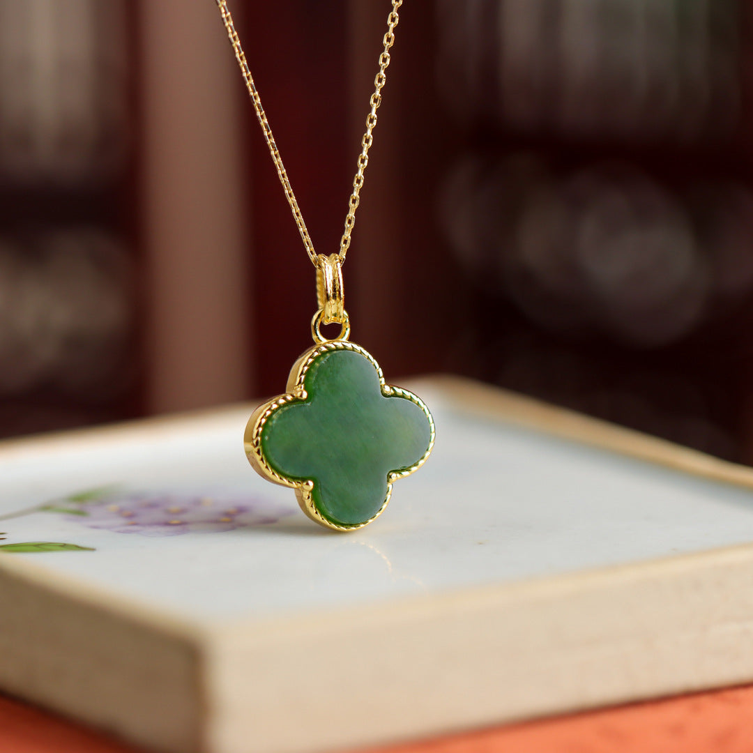 Women's Four-Leaf Clover Hetian-Style Jade Pendant Necklace
