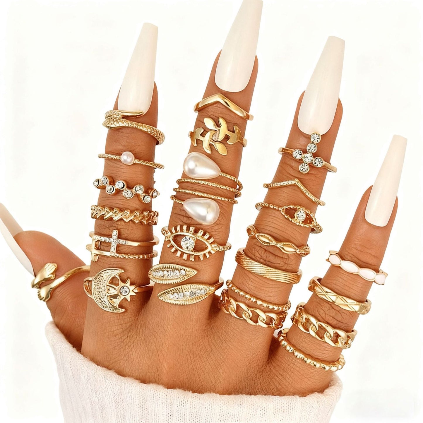 Retro Moon Eye Pearl Ring Set