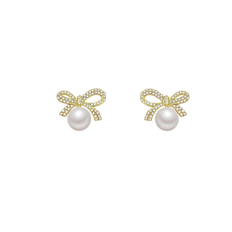 Full Diamond Bow Pearl Earrings