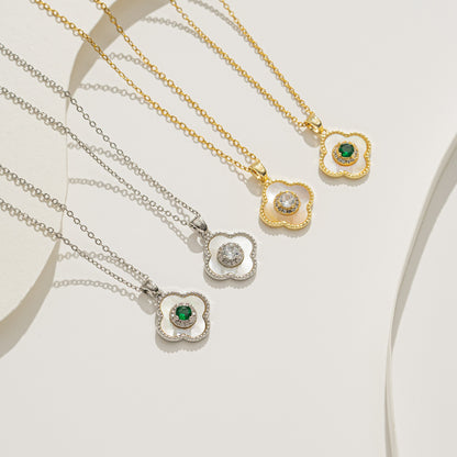 Colar elegante de trevo de quatro folhas, aço titânio com strass completo 