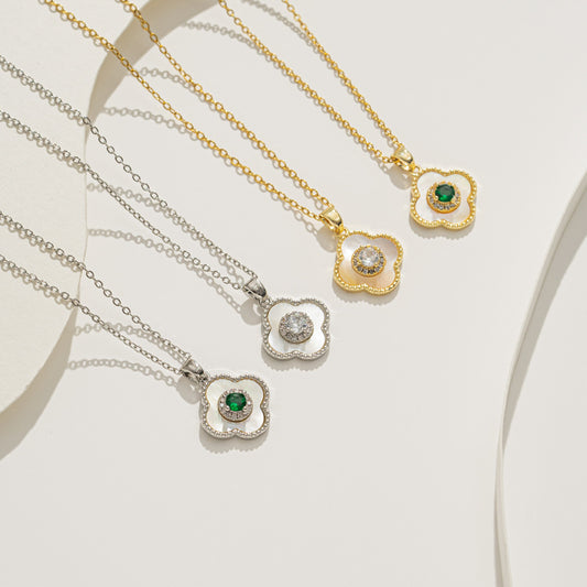 Colar elegante de trevo de quatro folhas, aço titânio com strass completo 