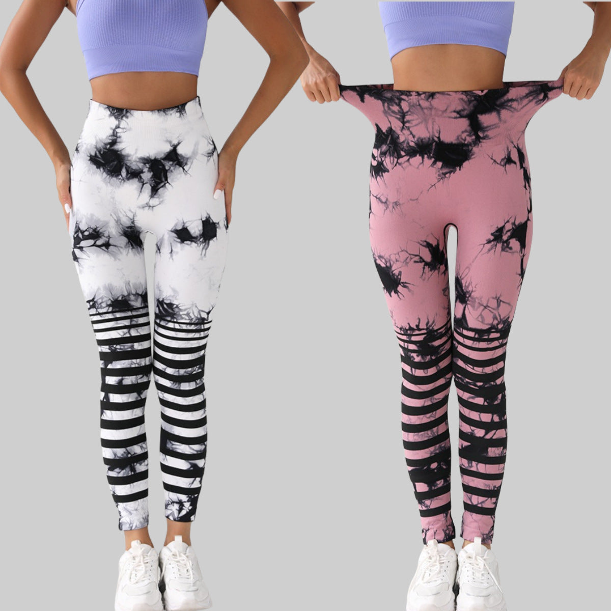Euro Trendy Pantalones de yoga con levantamiento de glúteos y cintura alta sin costuras con efecto tie-dye 