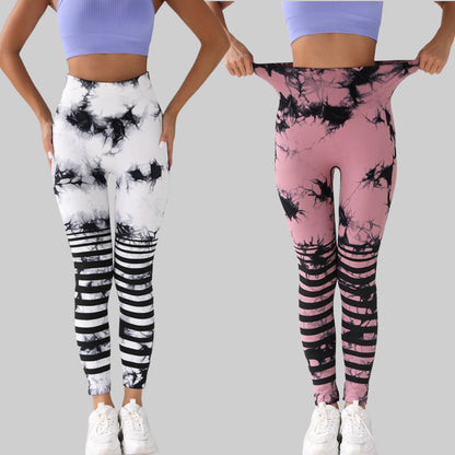 Euro Trendy Pantalones de yoga con levantamiento de glúteos y cintura alta sin costuras con efecto tie-dye 